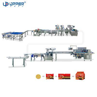 Instant noodle packaging, collection , secondary packaging whole line system with metal detector and automatic pouch dispenser