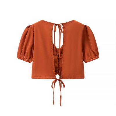 New style women's blouses with bubble sleeves and bow ties in Europe and America. Bubble sleeves.