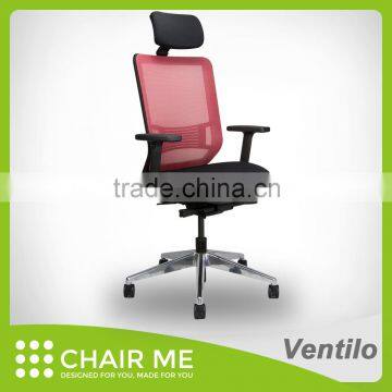 Ventilo office chair, red mesh chair, adjustable headrest, black bracket, adjustable seat, armrest, lumbar, aluminum base