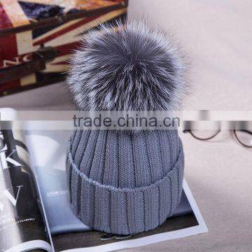 New Arrival Winter Fashion Girl Wool Knit Silver Fox Fur Hats
