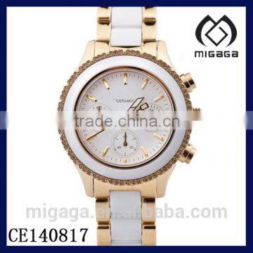 Fashion three eyes six hands chronograph watch unisex*Ceramic Two Tone Gold-tone & White Chronograph