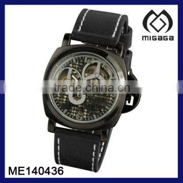 U.S. Army type mens hand-winding sporty watch black leathe strap watch leather watch crown with protection cap