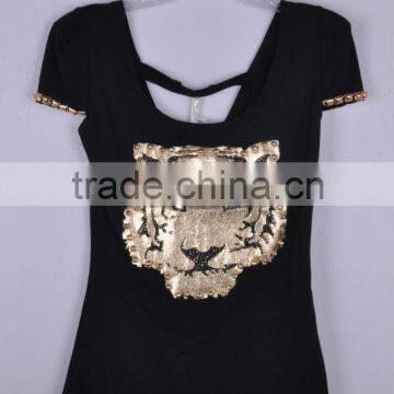 Womens Casual Slim Fit Sexy Open Back Tiger Applique Print Short Sleeve T Shirt Blouse