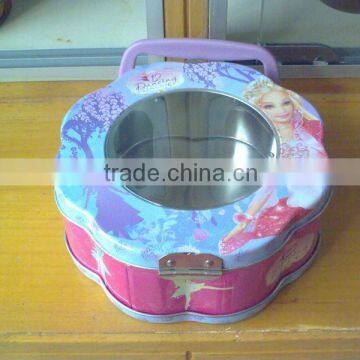 flower shaped biscuit tin with clear window