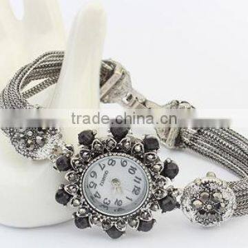 2015 Newest Fashion Antique Silver Metal Flower Hematite Rhinestone Chain Bracelet Watch