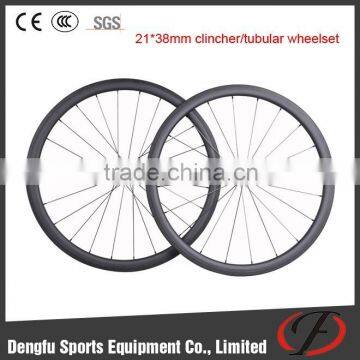 Dengfu carbon road bicycle parts 700c*21mm width 38mm carbon clincher/tubular wheelset