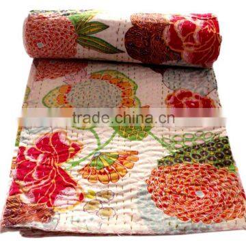 RTHKG-25 Colorful Flowers Printed Bengali Vintage Look Cotton Kantha Gudari Bedspread Indian Traditional Wholesaler Throws