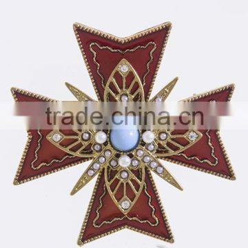 RED ENAMEL FAUX JEWELED CROSS BROOCH