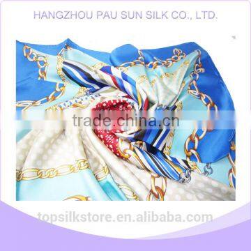 Blue silk scarf 100% silk satin beautiful square knitting printing scarf