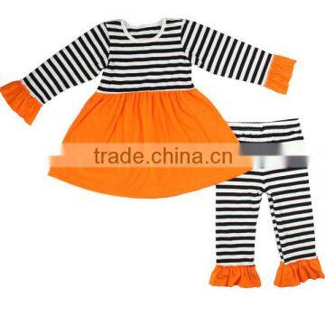 2016 Fall Halloween Stripes Clothing wholesale Baby Cotton Dress And Ruffle Pants Baby Girls Mustard Pie Clothing Sets