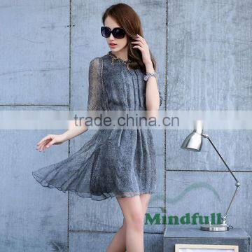 Retail One-Piece Gray Half Sleeve Summer Women 100% Natural Silk Dress in Stock