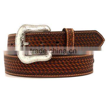 Brown Genuine Leather Western Men Embossed Belt With Conchos