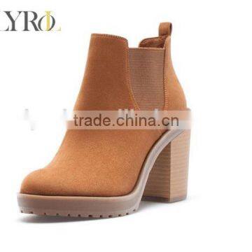 2016 high quality side gussets decorated camel microsuede upper TPR outsole women high heel boots shoes