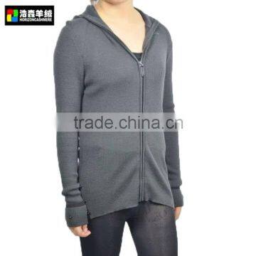 Woman Wool Knitted Hoodie, Women Grey Wool Pattern Cardigan