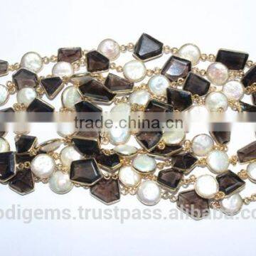 Smoky Quartz Fresh water Pearl Fancy Bezel Setting Chain