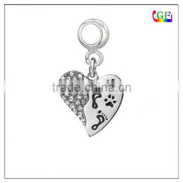 Pet heart dangle bead with footprint and dog paw print lovers charm