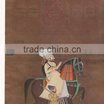 Antique Indian Painting Handmade Udaipur Emperor Miniature Portrait water color Artwork old Court Fee Stamp Kama Sutra