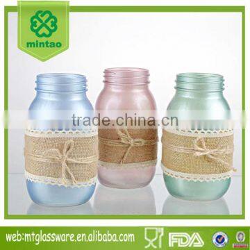 linen decorated 3colorful machine made glass mason jar vase