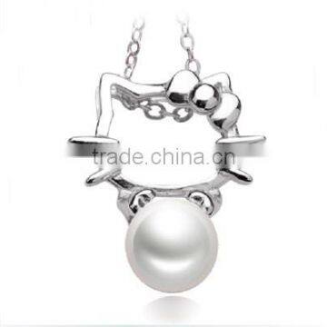 925 Sterling Silver Chain Cat Style Charm Natural Pearl Pendent Necklace