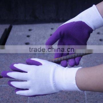 NMSAFETY EN 388 13 gauge white nylon coated purple latex wroking gloves good grip in dry enviroment