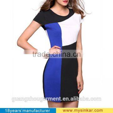 Ladies Women Cap Sleeve Patchwork Contrast Color Stretch Bodycon O-neck Package Hip Casual Party Slim Dress S-3XL