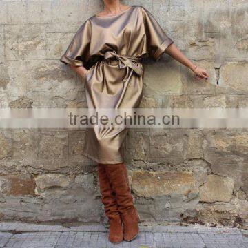 2017 Gold Metallic Fabric Evening Cocktail Dress For Fat Women Plus Size Leather Dress HSD5978 photo-2