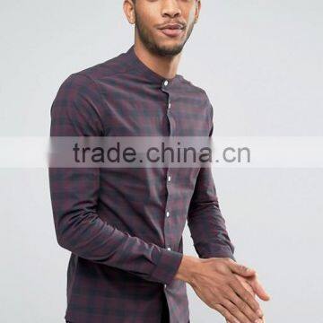 Latest Design Long Sleeve Grandad Collar Mens 98% Cotton 3% Elastane Soft Satin Skinny Casual Check Print Fashion Slim Shirts