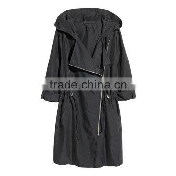 Hooded Parka Diagonal Zip Drawstring Waist Womens Long Warm Jackets photo-6