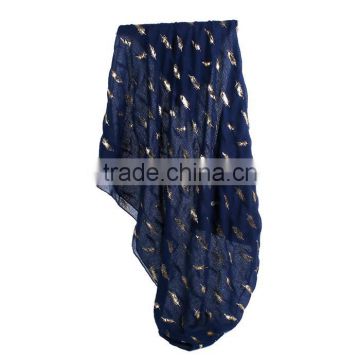 Cotton Polyester Blend Scarves & Wraps Rectangle Golden Navy Blue Feather Scarf For Women