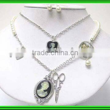 Double Layer Cameo Pendant and Scissors and Pearl Ring Dangle Necklace Earring Set photo-1