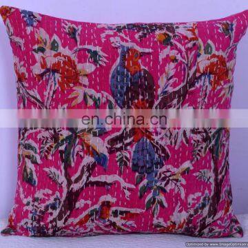 Indian Hand-stitched Kantha Pillow Pink Bird Floral indoor & outdoor-Indian kantha cushion covers-Kantha Pillow Covers Art