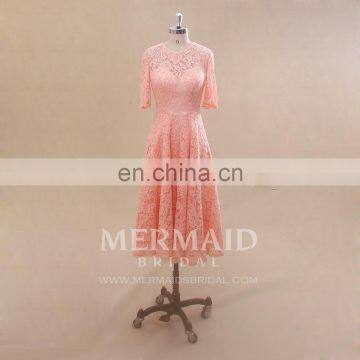 Wholesale short sleeve lace peach color patterns bridesmaid dress