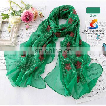 Lingshang New Arrival Silk Scarf Autumn and Winter Women's Scarf Solid Color Embroidery Design Chemical Fiber Long Scarf photo-6