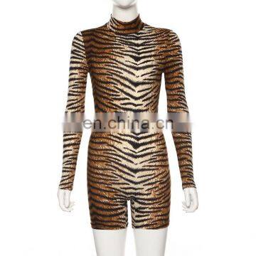 Animal Print Mock Neck Women Long Sleeves Sexy Bodysuit