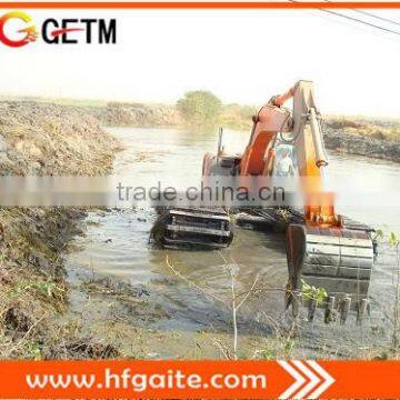 Amphibious excavator with Side pontoons+spuds suitable for 5m water max 13m arm