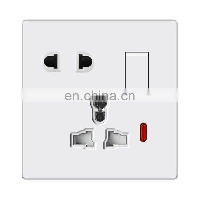 Universal 5 pin Wall Socket With Switch 16A Flame Retardant PC Panel 86*86mm Socketes and Switches Electrical With LED Light