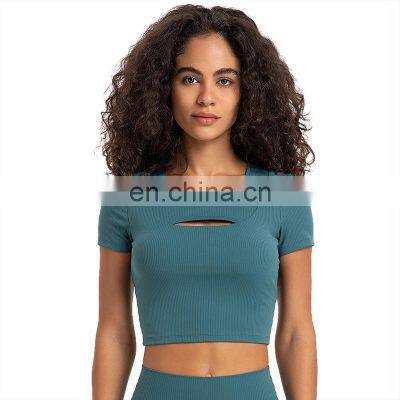 Custom Soft Hollow Out Sexy Built In Bra Short Sleeve Gym Yoga Crop Top Slim Bribbed Ladies Sports Fitness T-Shirt For Women