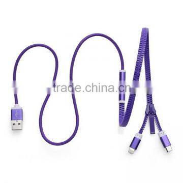 New Arrival Zipper Braided 2 in 1 Mirco USB Data Cable for Phone Charger