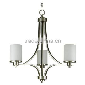 Chinese factory direct sale 3 light chandelier(Lustre/La arana) in satin steel finish with white glass shade