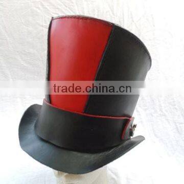 2015 FASHION STYLISH BLACK RED TOP TOP HAT GENUINE LEATHER TOP HAT FOR MENS