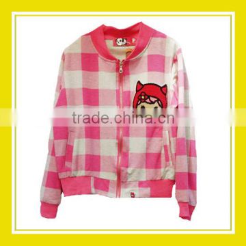 2016 Fashion Products Bros Baby Rinne Terry Cloth Sewing Checked Pattern Women Long Sleeve Cotton White Pink Zippered Jacket