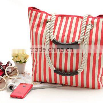 Wholesale Red and White Vertical Stripes Canvas Beach Tote Bag; Red and White Striped Large Canvas Beach Tote Bag