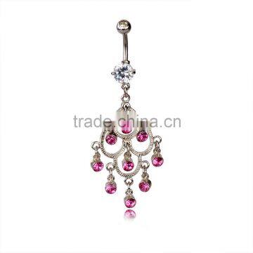 Pink Gems Inlay Drop Dangle Belly Button Naval Ring.