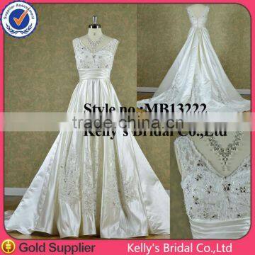 2014 New style satin and lace v neck collar wedding dress bridesmaid dress