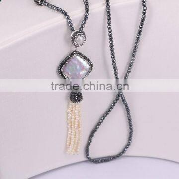 Freshwater Pearl With Imitation Pearl Tassel Pendant Necklace, Pave Rhinestone Beads Hematite Beaded Necklace photo-2