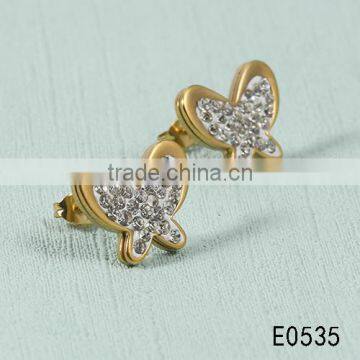 Top selling gold plated stainless steel butterfly shaped earrings with CZ diamonds