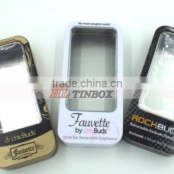 Rectangular Earphone Tin Boxes/Tin Cans with PVC PET Window
