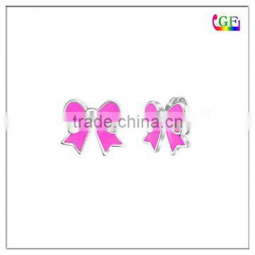 Bow tie Pink enamel studed earrings Gift for girl