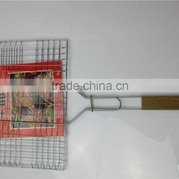Electroplate BBQ Fish Grill Basket with Wooden Handle