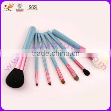 7pcs Natural Hair Fresh Blue Wood Handle Makeup Traveling Brush Set